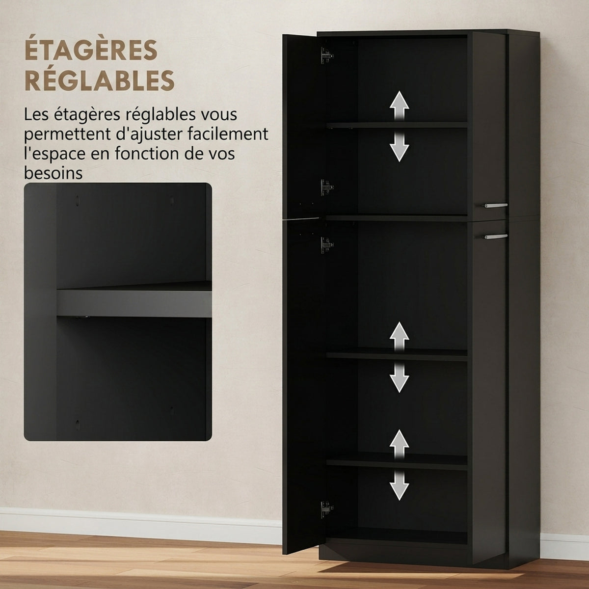 Buffet Haut Cuisine, Armoire de Cuisine avec 2 Portes et Étagères Réglables, Style Moderne, 59 x 31 x 155 cm, Noir-4