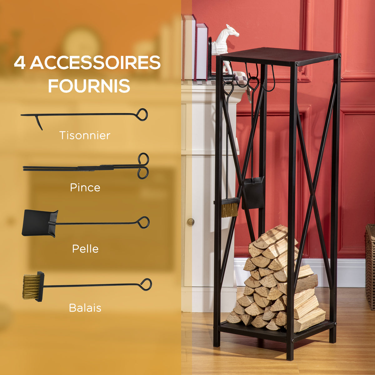 Porte bûches - Range bûches Serviteur de cheminée Colonne - Multi Accessoires dim. 34L x 34l x 111H cm métal Noir-3