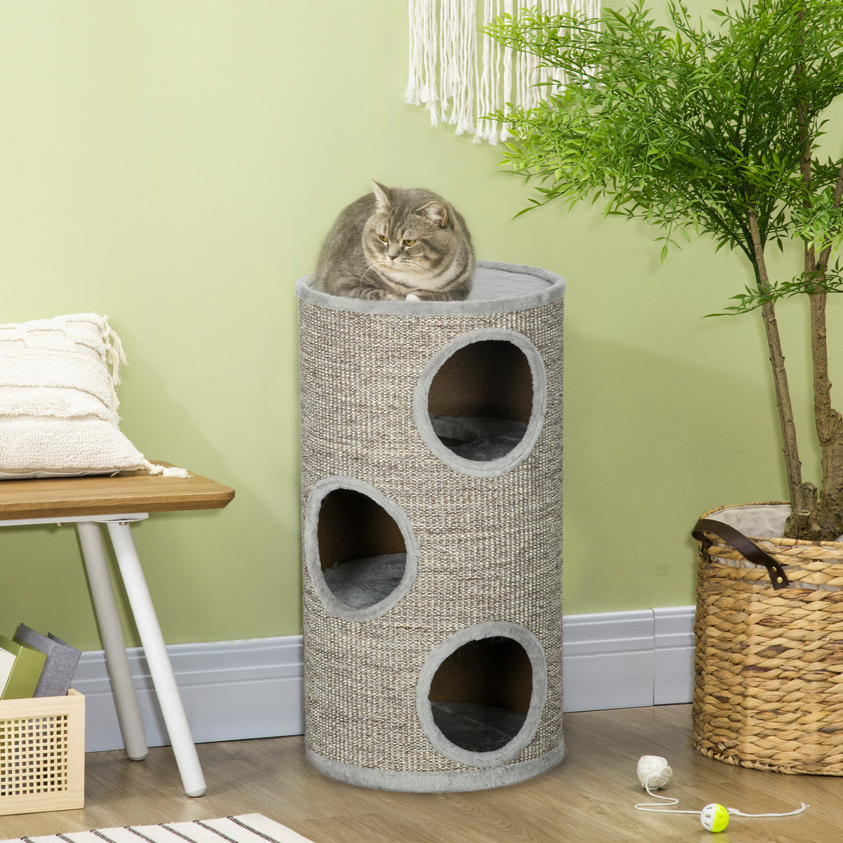 Tonneau à gratter pour chat, tour à griffer en sisal à 3 niveaux recouvert de peluche, Ø 38 x 70 cm, gris-1
