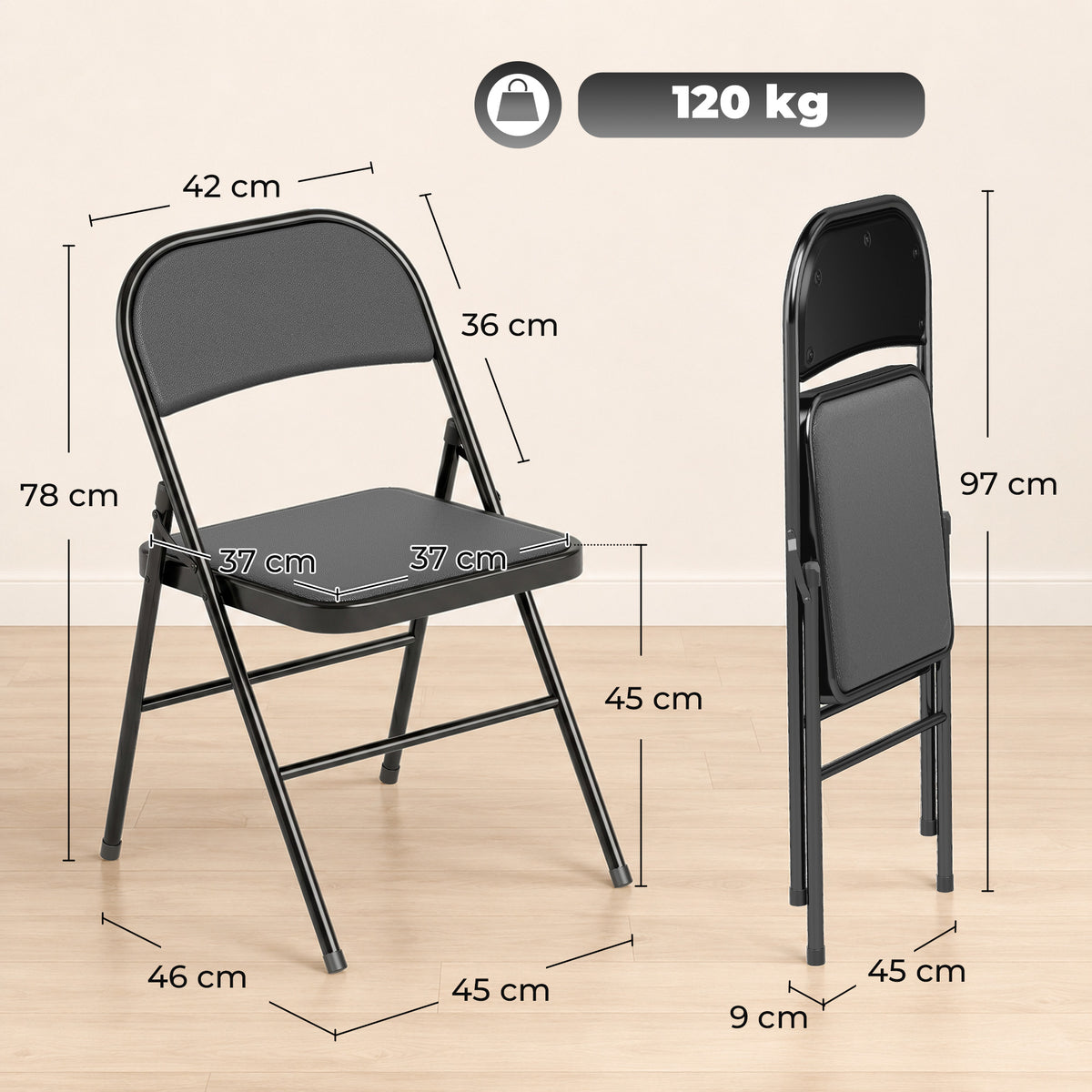Lot de 4 chaises pliantes chaises de salle à manger portables cadre en acier 45 x 46 x 78 cm noir-2