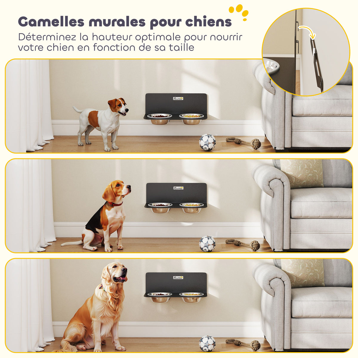Gamelle Bol pour Chien Double Gamelle Support Mural 2 Bols Acier Inox 800ml Hauteur Réglable 42x23,5x14cm Noir-3