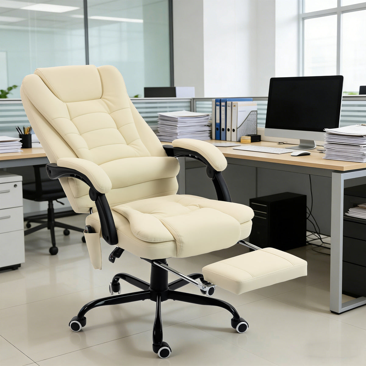 Fauteuil de bureau massant, chaise de bureau avec hauteur réglable, dossier inclinable et télécommande filaire, beige-9