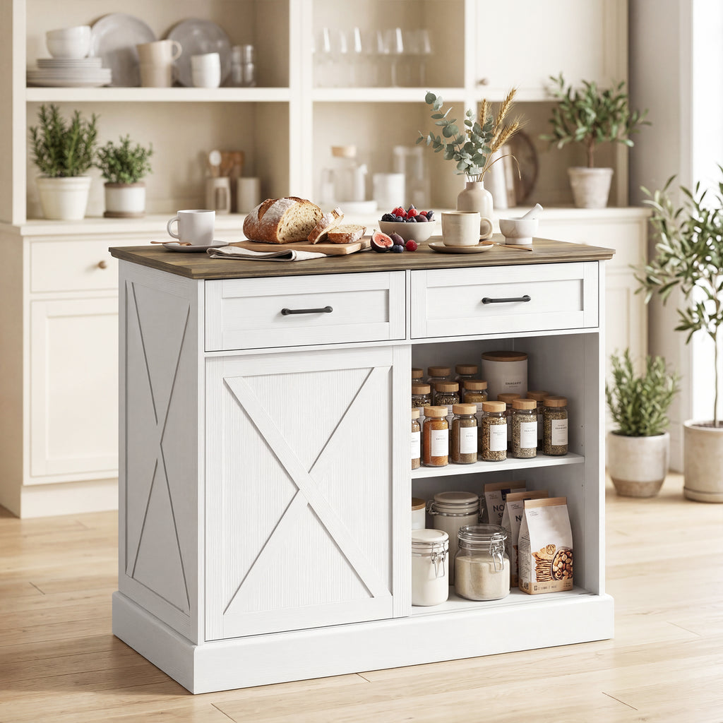 Buffet cuisine, buffet cuisine, meuble de rangement avec 2 tiroirs 2 portes coulissantes, étagère réglable, blanc-8