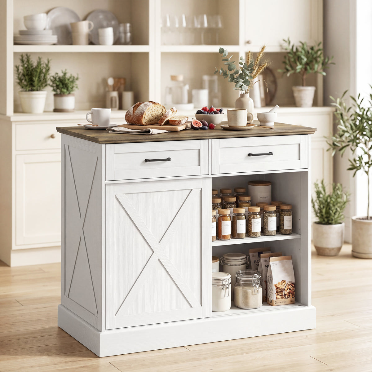 Buffet cuisine, buffet cuisine, meuble de rangement avec 2 tiroirs 2 portes coulissantes, étagère réglable, blanc-8