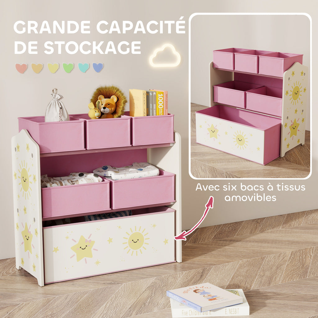 Meuble rangement enfant à 3 niveaux, étagère de rangement pour jouets enfants avec 6 boîtes en tissu amovibles, rose-3