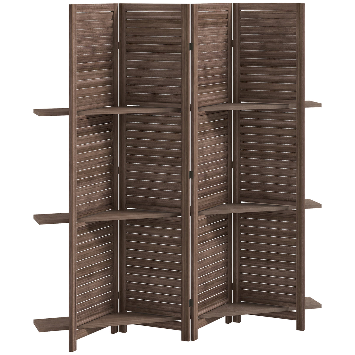 Paravent intérieur en bois 4 panneaux 160 x 170 cm, séparateur de pièce pliable avec 3 étagères, noyer-0