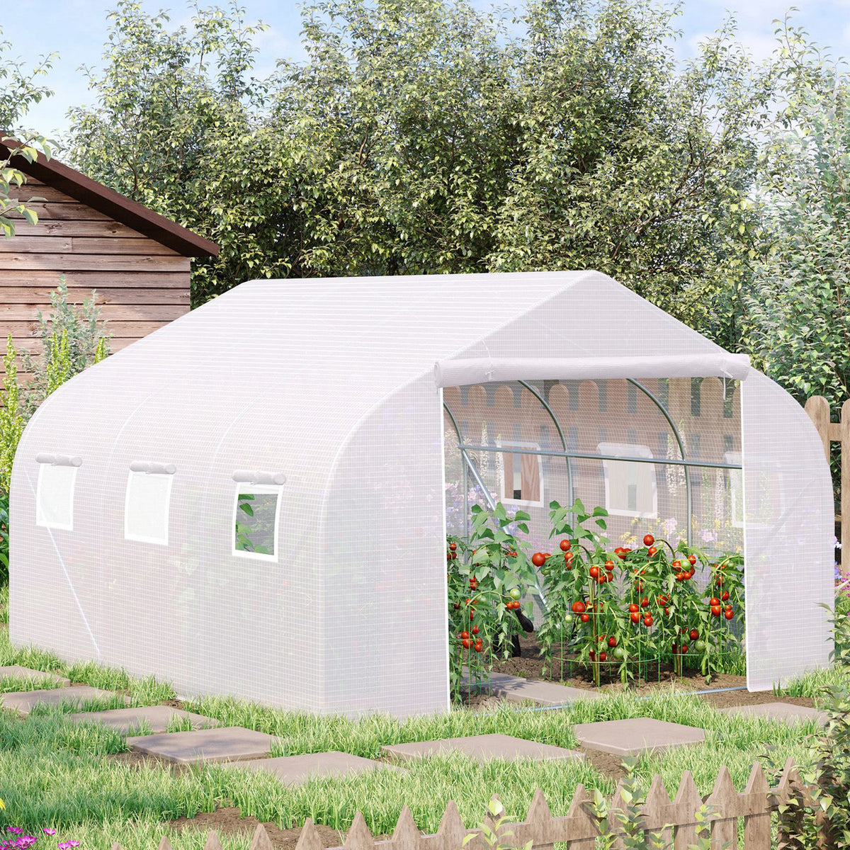 Serre Tunnel de Jardin 10,5 m² dim. 3,5L x 3l x 2H m Porte + 6 fenêtres enroulables Acier galvanisé bâche PE Haute densité Blanc-1