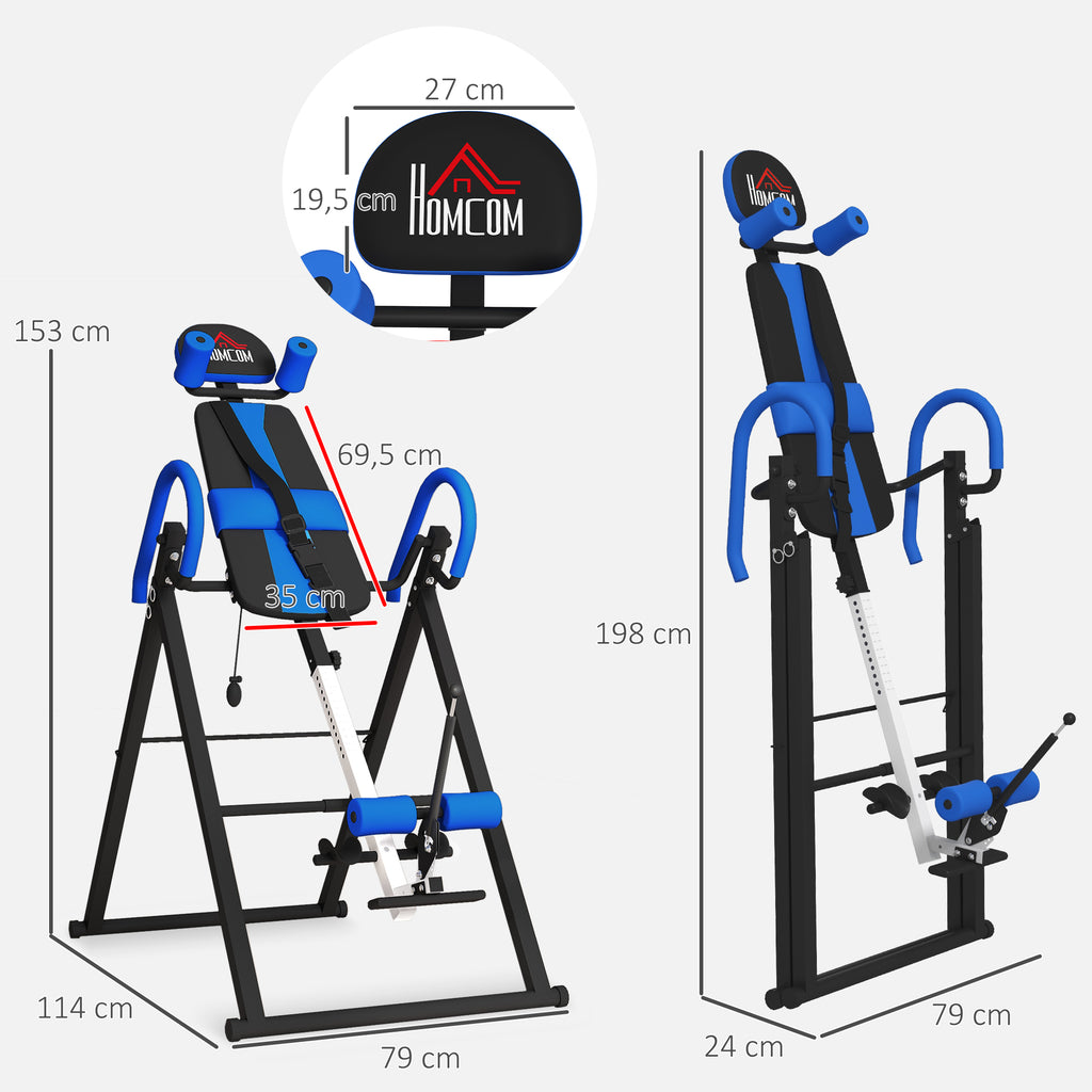 Table d'inversion de musculation pliable ceinture de sécurité réglable angle ajustable 3 niveaux 79x114x153cm bleu noir-2