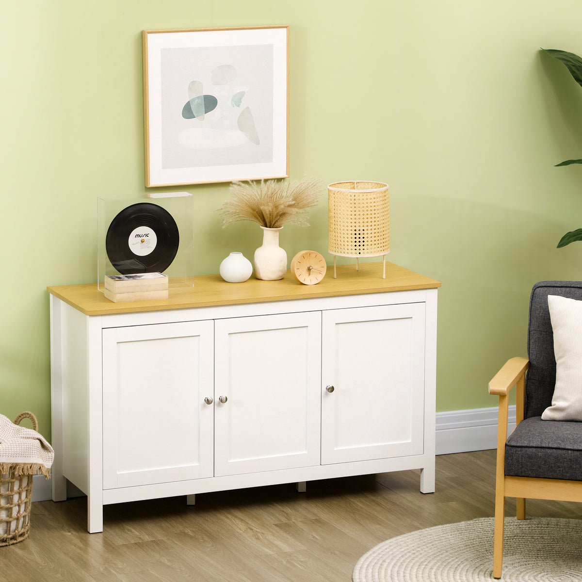 Buffet meuble de rangement avec 3 portes 2 étagères réglables plateau aspect bois clair 120 x 40 x 70 cm blanc-1