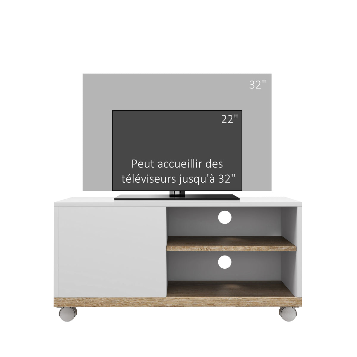 Meuble TV sur roulettes avec 2 Freins - 2 niches + Placard Porte 2 Passe-Fil - en bois Blanc chêne Clair-3