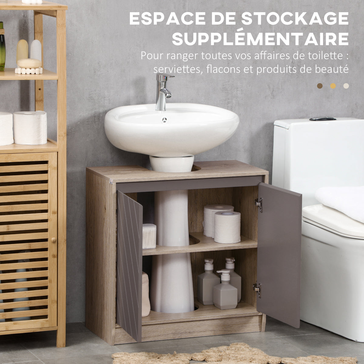 Ensemble de Meuble sous lavabo, armoire avec miroir et meuble colonne pour salle de bain en bois chêne Clair Gris-4