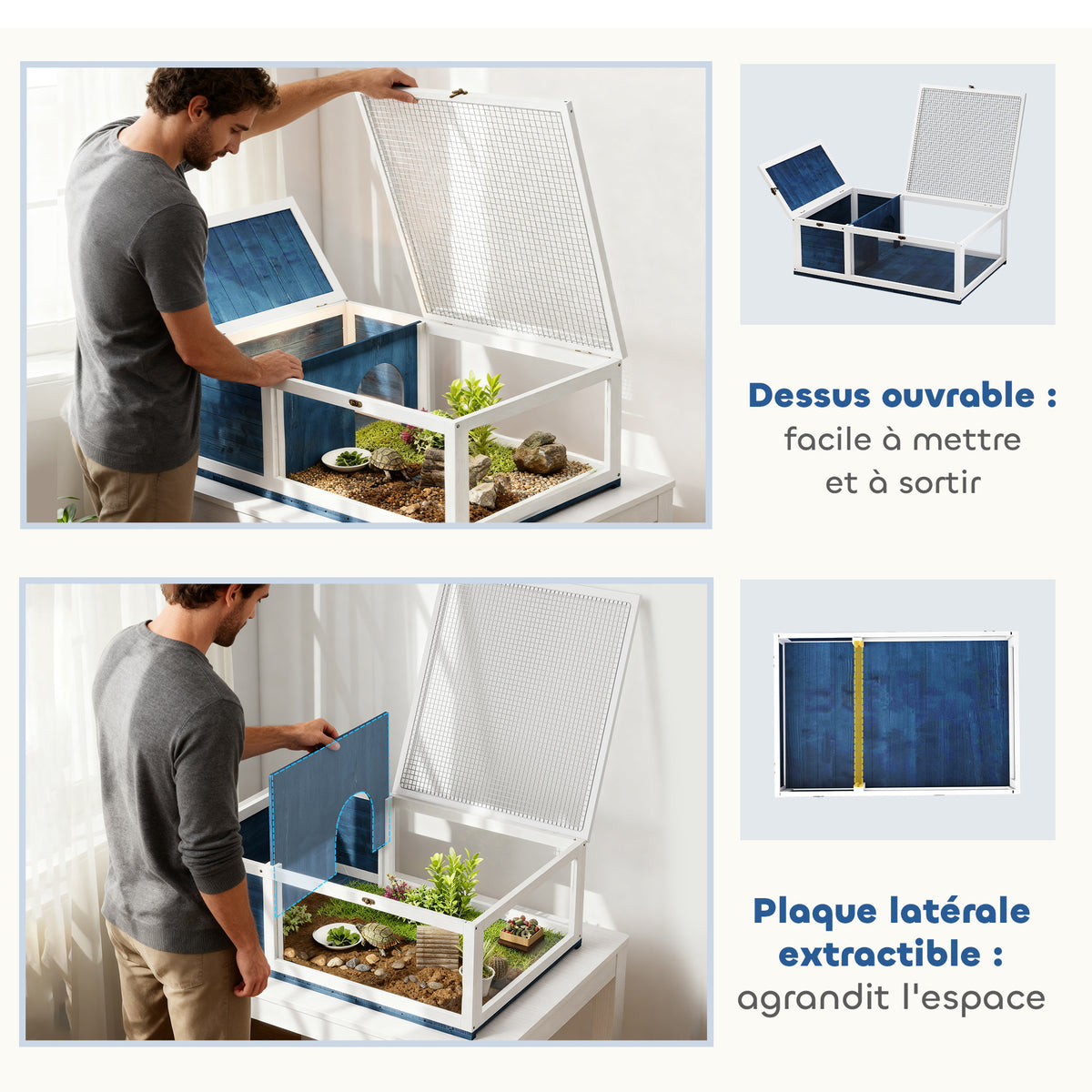 Maison enclos cage habitat pour petit animal tortues avec 2 espaces 91 x 60,5 x 32 cm bois massif bleu-4