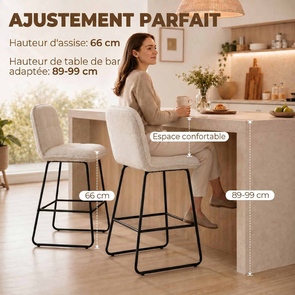 Lot de 2 Tabourets de Bar, Chaises de Bar Rembourrées en Tissu Bouclette, Extra-Large Assise 66H cm, Crème-3