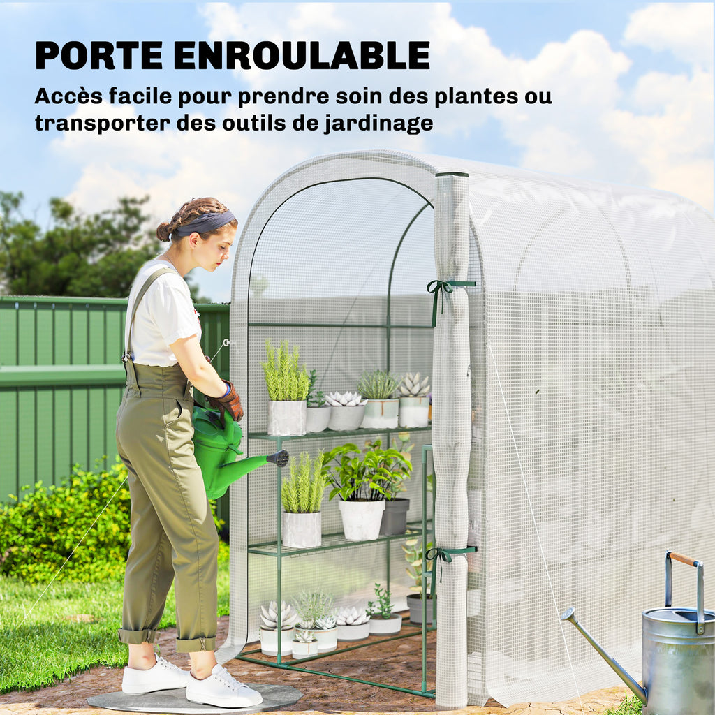Serre de jardin avec étagères, 123x187x189cm, petite serre avec porte enroulable, bâche PE haute densité 140 g/m², blanc-5