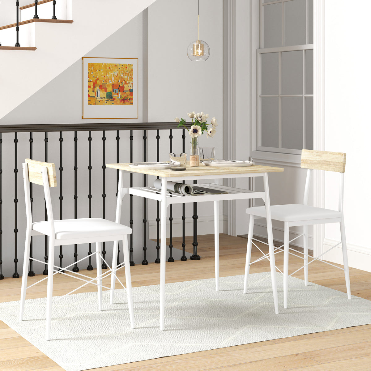 Ensemble table et chaises, table de cuisine avec chaises, structure en acier, avec 2 chaises encastrables, blanc chêne-1