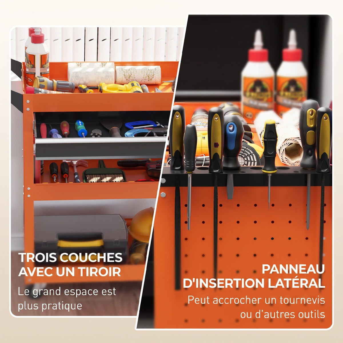 Chariot d'atelier servante atelier à 3 niveaux avec tiroir, porte-outils latéral et poignée, 82x35x76 cm, orange-4