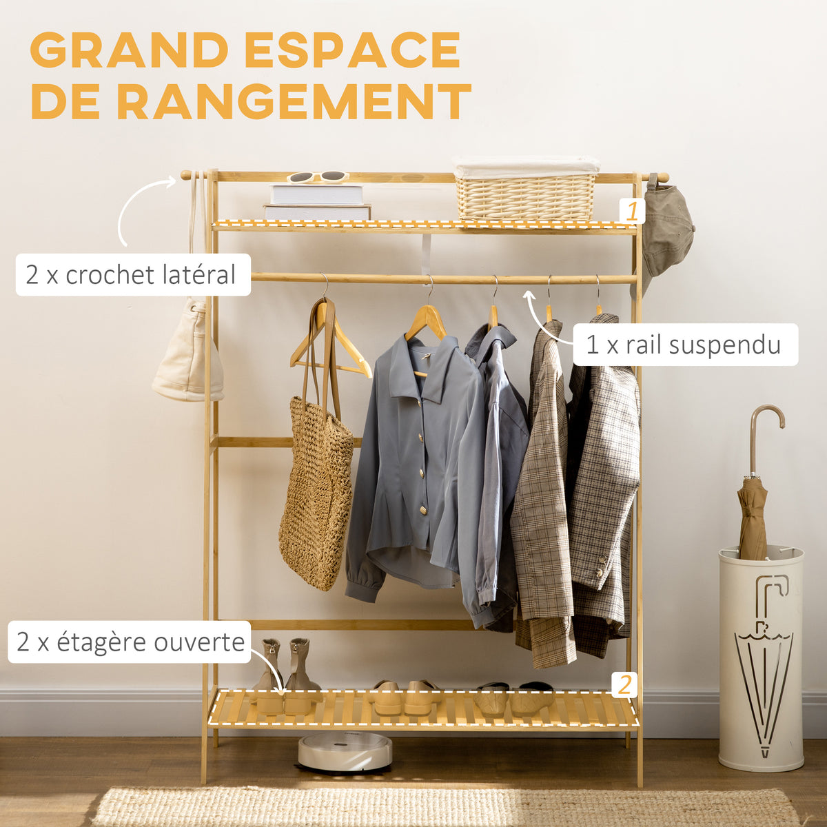 Portant à vêtements penderie porte-manteau avec 2 étagères 2 crochets et 1 barre de suspension en bambou-3