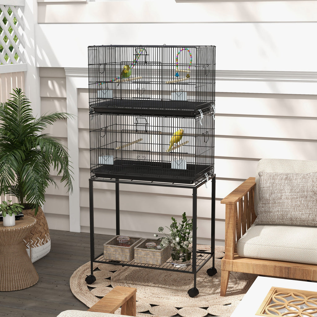 Cage à oiseaux sur pied volière double avec mangeoires perchoirs plateau amovible étagère poignée et roulettes noir-9