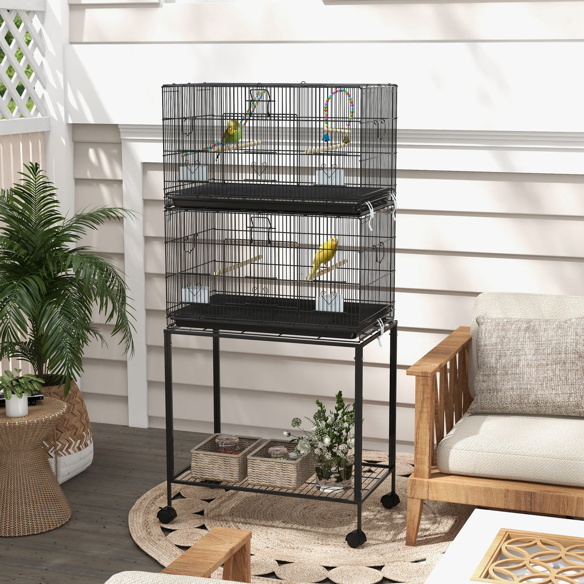 Cage à oiseaux sur pied volière double avec mangeoires perchoirs plateau amovible étagère poignée et roulettes noir-9