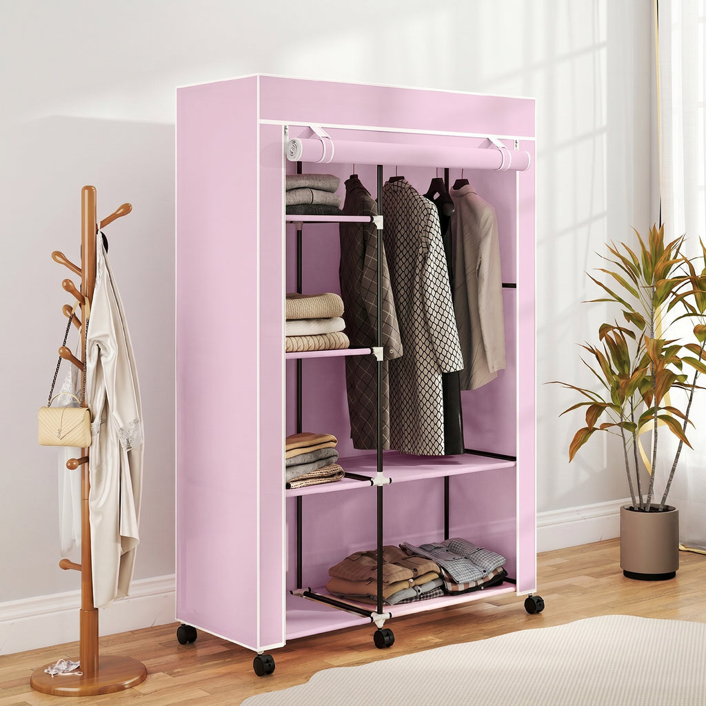 Armoire penderie en tissu meuble de rangement 6 roulettes tringle à vêtements et étagères ouvertes 103x43x166,5cm rose-6