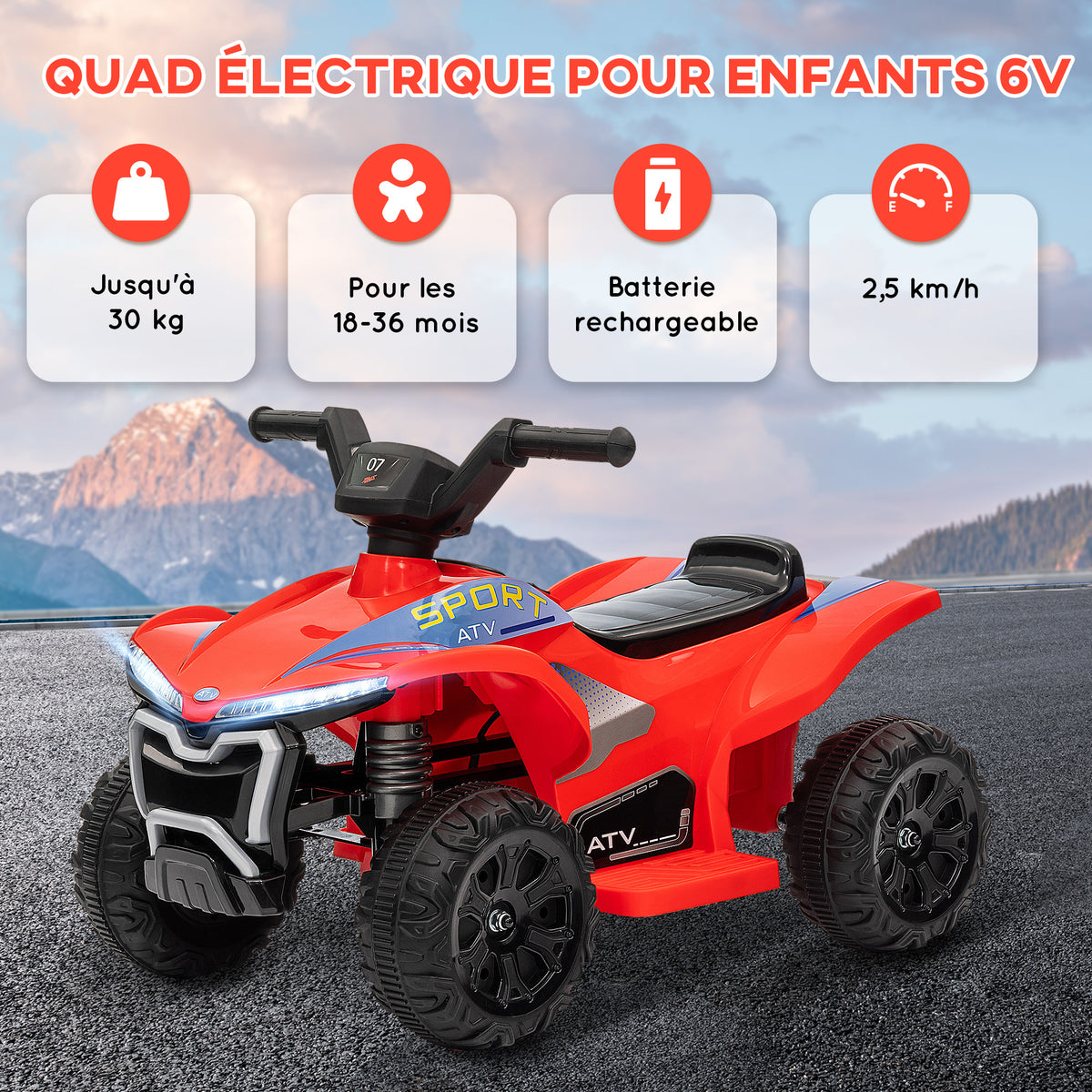 Quad électrique enfant 6V voiture électrique enfants vitesse de 2,5 km/h pour enfants 18-36 mois 71 x 40,5 x 45 cm rouge-6