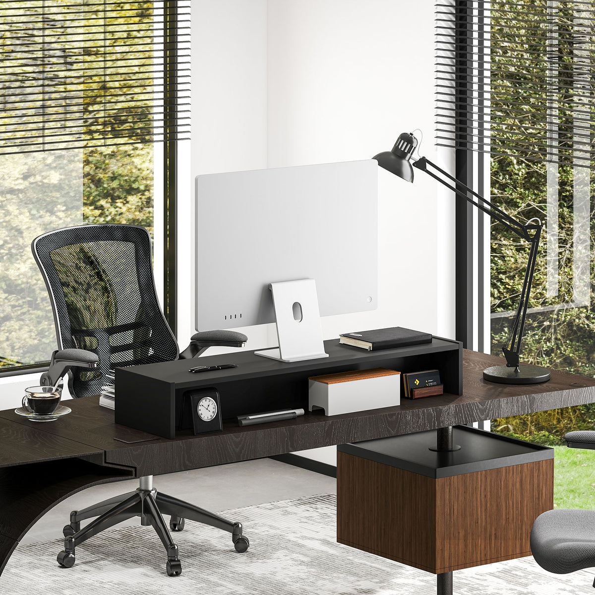 Rehausseur écran PC bureau support d'écran d'ordinateur de 100 cm support moniteur avec deux compartiments, noir-8