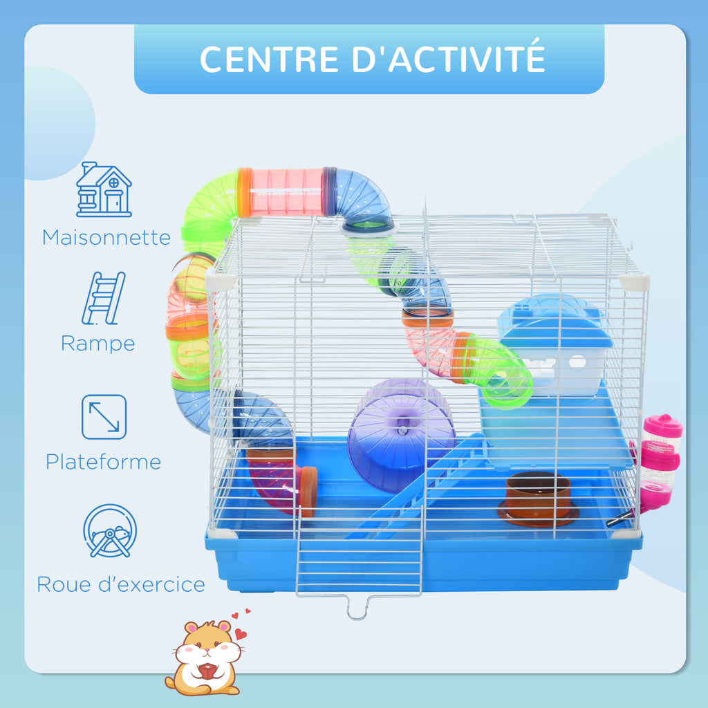 Cage à hamster rongeur 2 niveaux avec tunnel, biberon eau, roue, maisonnette, échelles dim. 46L x 30l x 37H cm, bleu-3