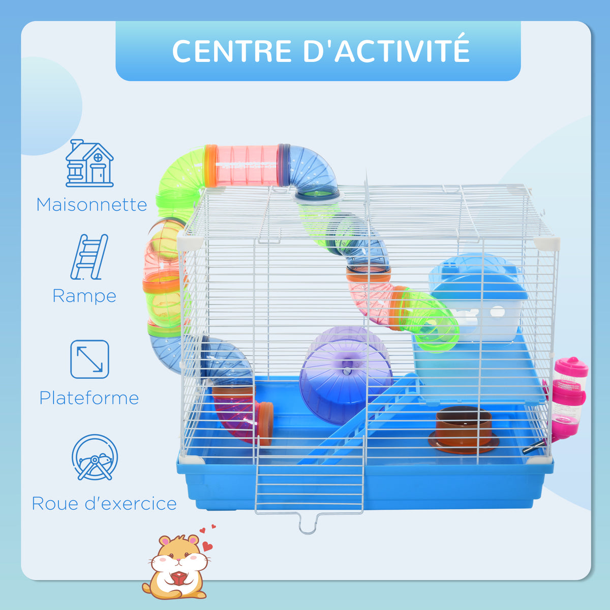 Cage à hamster rongeur 2 niveaux avec tunnel, biberon eau, roue, maisonnette, échelles dim. 46L x 30l x 37H cm, bleu-3