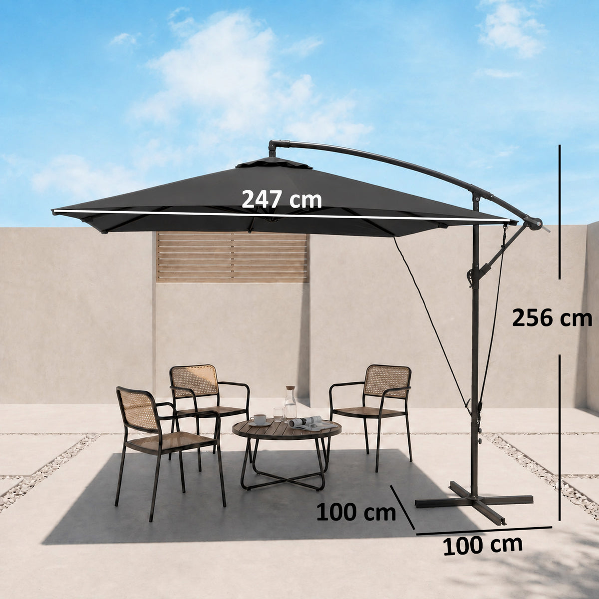 Parasol déporté parasol de jardin extérieur Toile ajustable 8 baleines base en croix manivelle, 2,5 x 2,5 m, gris foncé-2