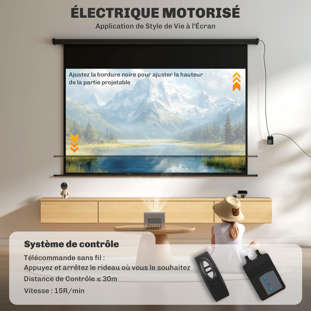 Écran vidéoprojecteur 100 Pouces, 16:9 4K HD montage mural ou plafond, panneau de commande et télécommande-3