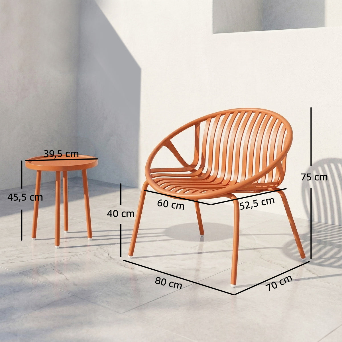 Salon de Jardin Ensemble Bistro 3 Pièces Table Basse à Plateau Concave Acier et Polypropylène 80x70x75cm Rouge Brique-2