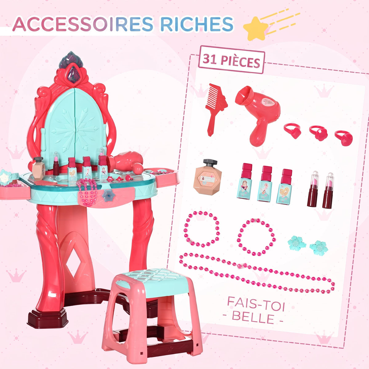 Coiffeuse Enfant Fille avec Tabouret, Miroir, Lumière, Musique, Accessoires, 3-6 Ans, 57x34x76cm, Multicolore-5