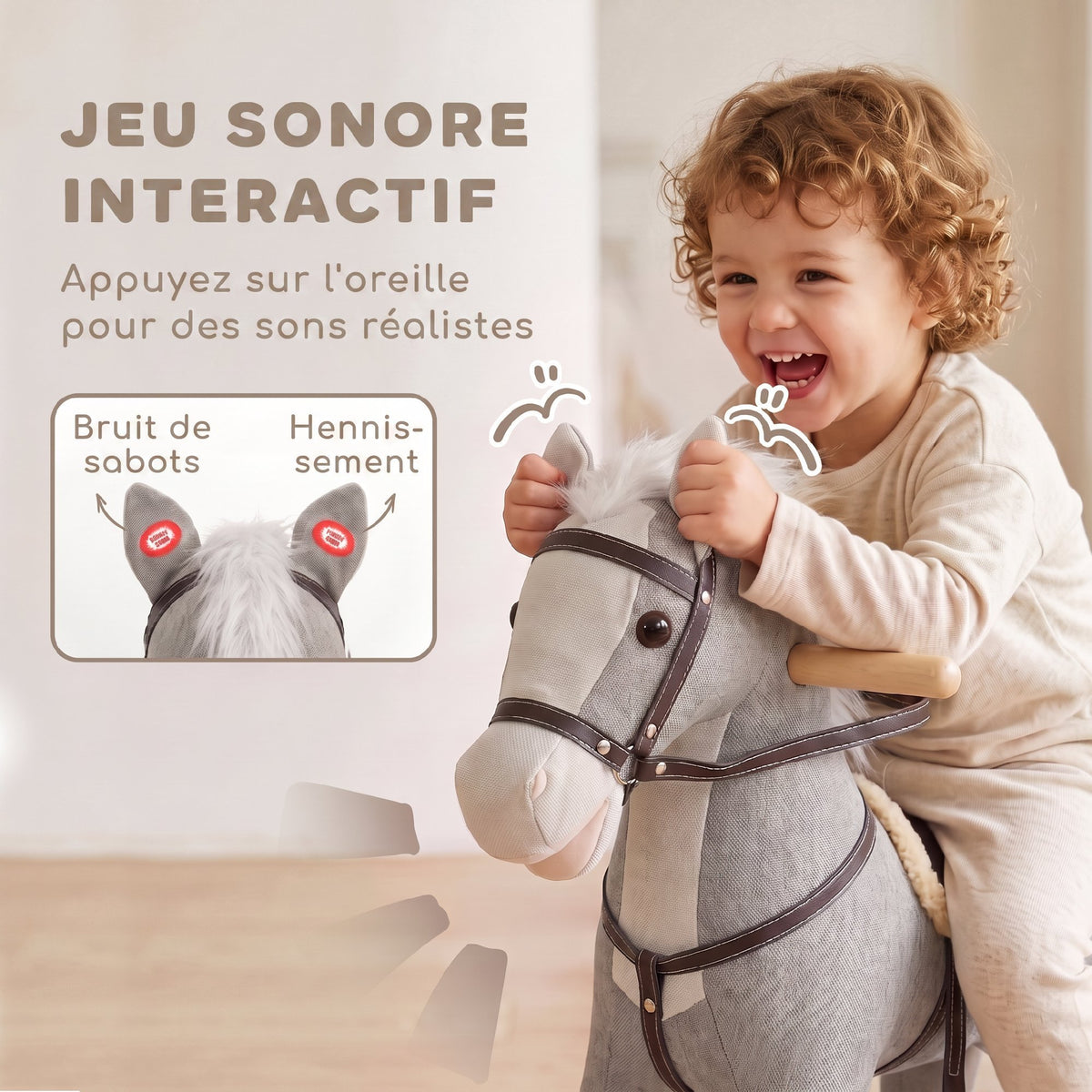 Cheval à bascule pour enfants, jouet à bascule bébé en tissu effet lin avec effets sonores et poignées de sécurité, gris-4