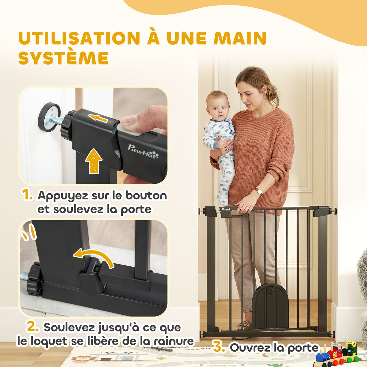 Barrière de sécurité animaux avec porte fermeture automatique système de double verrouillage, acier noir-3