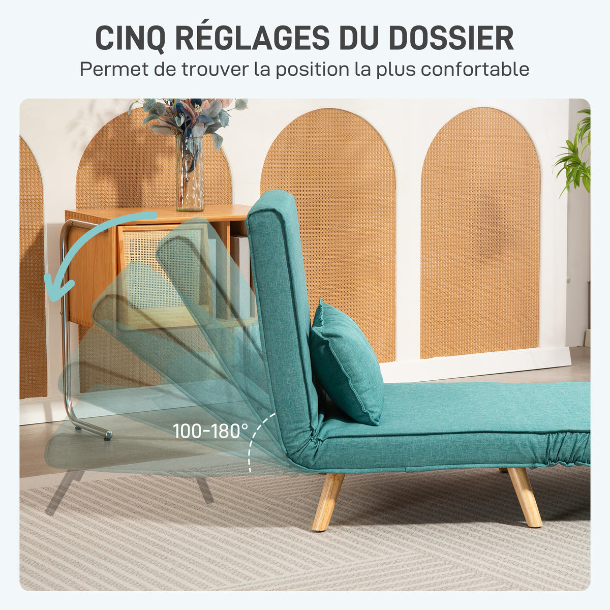 Fauteuil convertible 1 place canapé-lit clic-clac 3 en 1 avec dossier réglable en 5 positions, oreiller inclus, vert-5