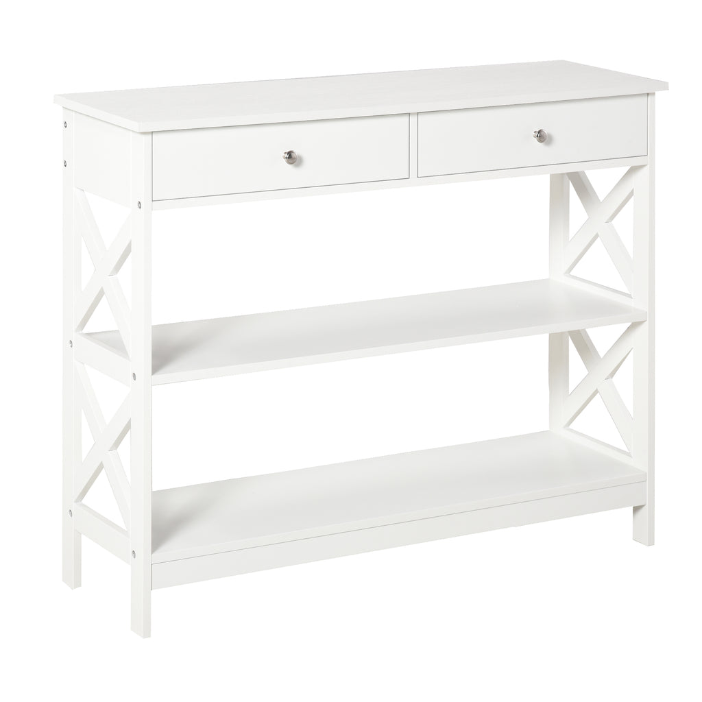 Table de console table d'entrée style table de drapier néo-rétro 2 tiroirs 2 étagères dim. 100L x 30,5l x 80H cm en bois blanc-0