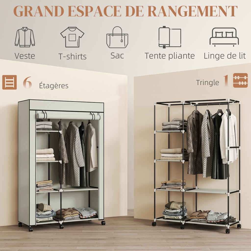 Armoire penderie en tissu meuble de rangement 6 roulettes tringle à vêtements et étagères ouvertes 103x43x162,5cm crème-3