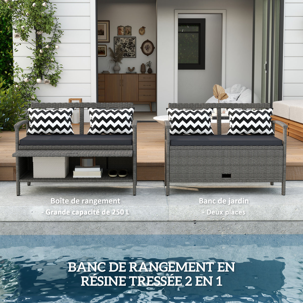 Banc extérieur jardin 2 places banc de rangement 160L en rotin PE avec coussin 2 oreillers 112 x 62 x 82 cm gris-3
