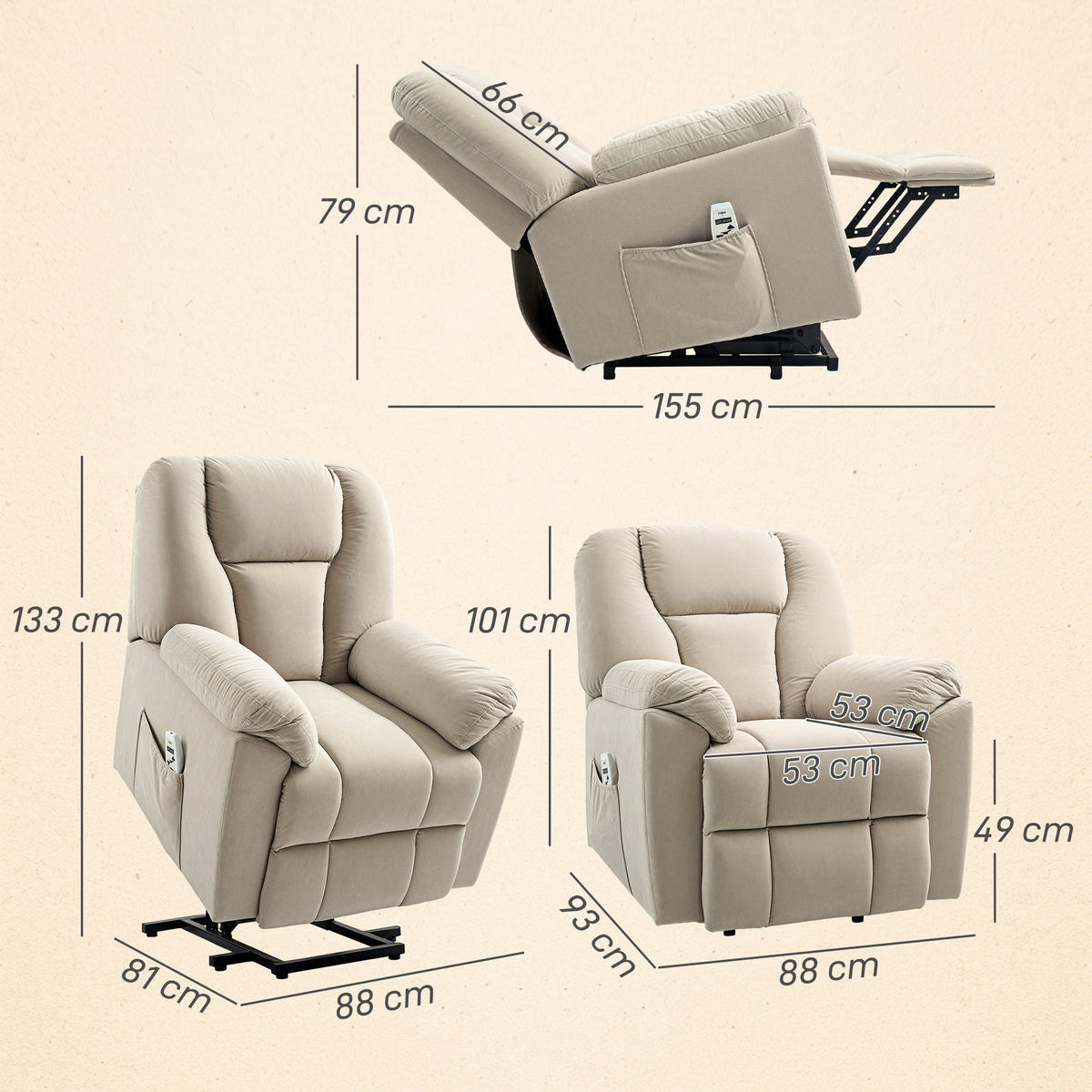Fauteuil releveur électrique avec fonction massage et chauffage avec dossier inclinable, ports USB, télécommande, beige-2