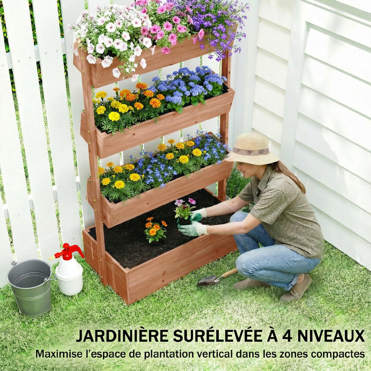 Jardinière Surélevée en Bois avec 4 Étages, avec Trous de Drainage et Doublure en Tissu, 85x45x140cm, Marron-3