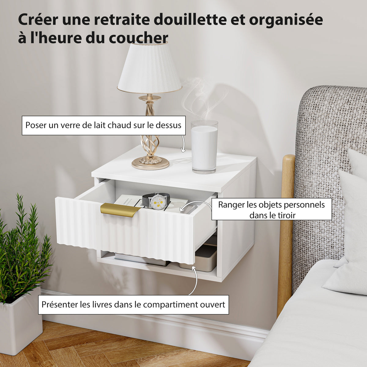 Lot de 2 tables de chevet suspendues, tables de nuit murales avec tiroir et niche, moderne, 40x34x29cm, blanc-4
