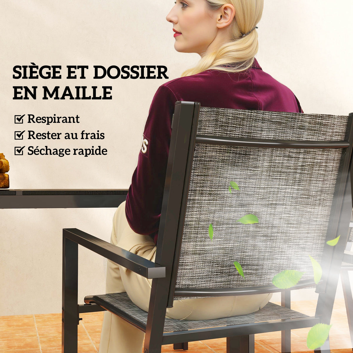 Table de jardin extérieure avec 6 chaises empilables, plateau à lattes 150 cm, structure en acier anti-rouille, noir-4