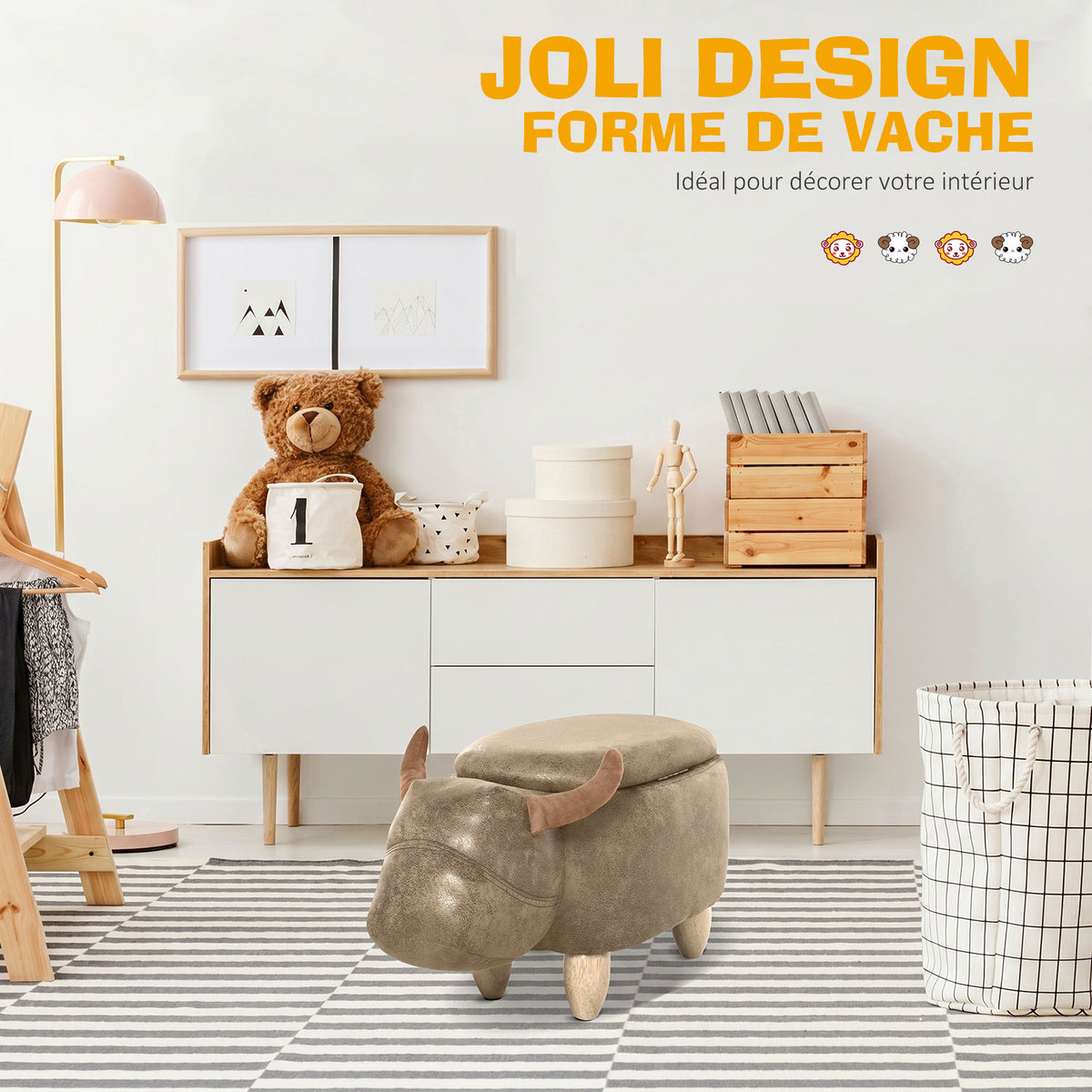 Tabouret Vache - Pouf Vachette - Pouf Taureau Coffre de Rangement 2 en 1 - Pieds Bois d'hévéa revêtement synthétique Aspect Daim Vieilli Marron-3