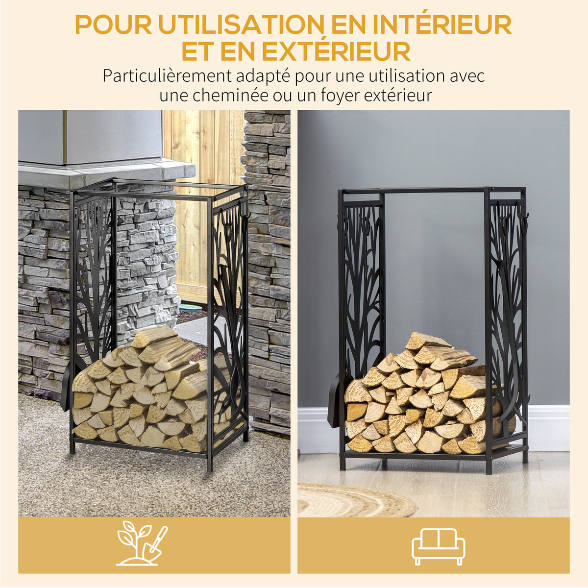 Porte bûches - Range bûches Serviteur de cheminée Arbre - Multi Accessoires étagère 46L x 29l x 70H cm Acier Noir-5