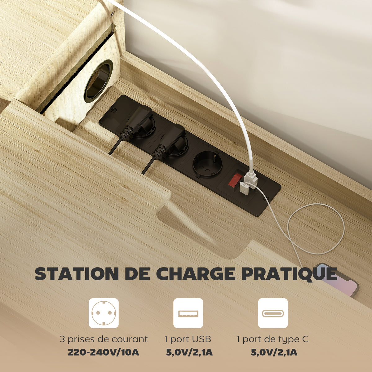 Meuble TV suspendu meuble télé pour téléviseur 50 pouces tiroir étagères passe-câbles 120x24x22,4cm effet bois naturel-3