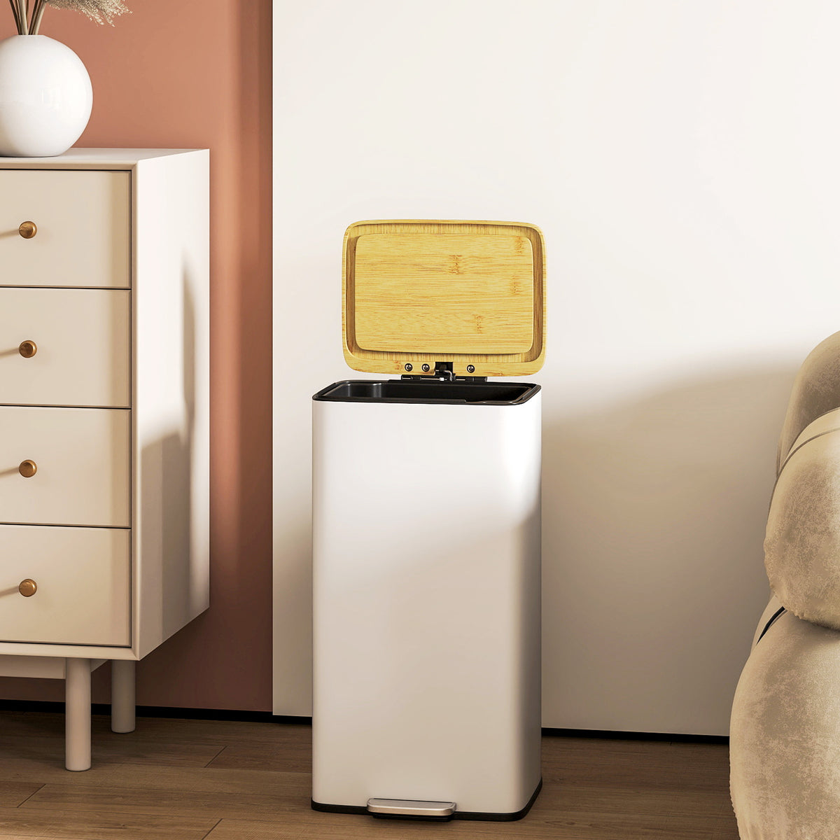 Poubelle de Cuisine 20L, Poubelle avec Pédale, Couvercle en Bambou à Fermeture Douce, Seau Intérieur Amovible, Blanc-1