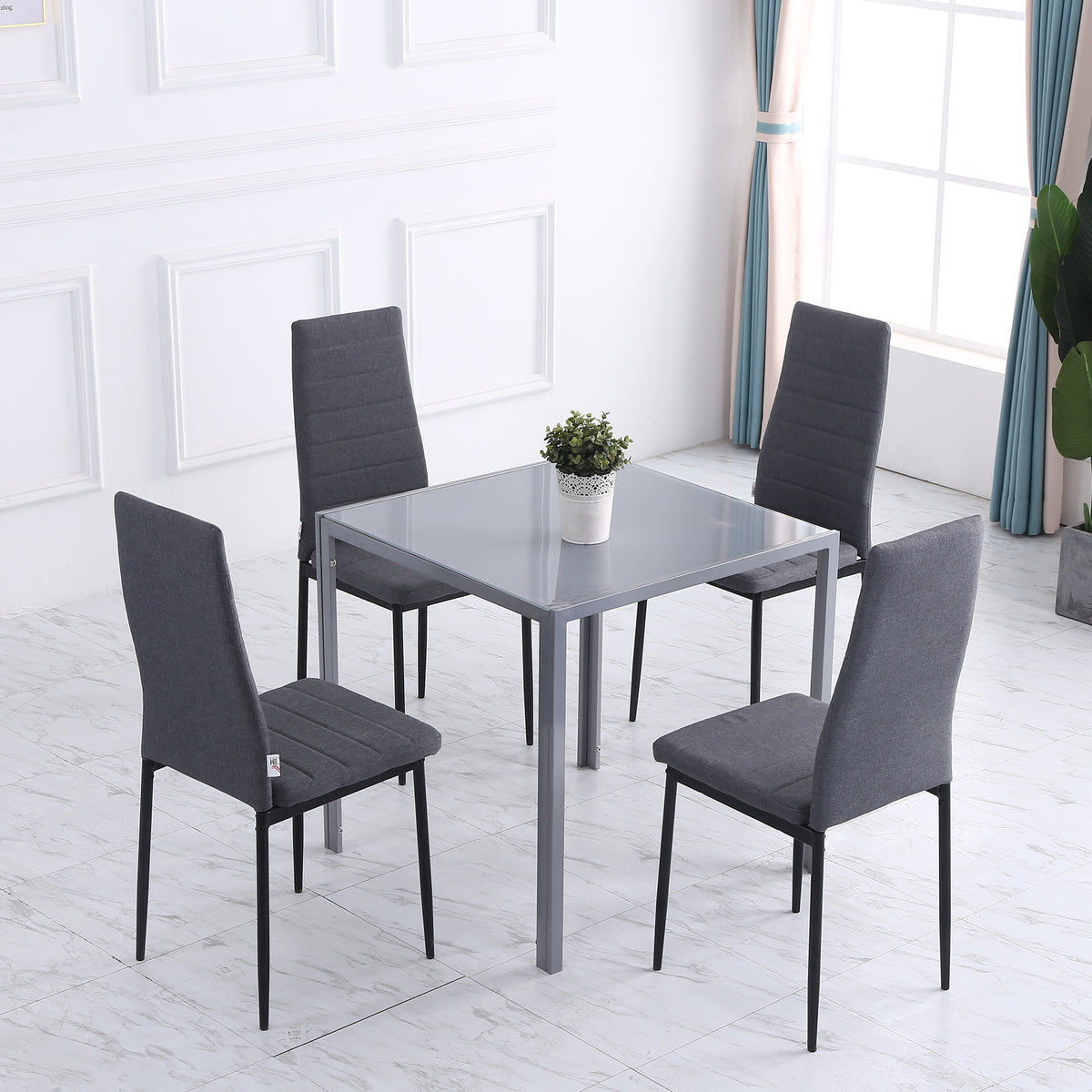 Lot de 4 chaises de salle à manger chaises de cuisine avec dossier haut pieds en métal et tissu en lin 41x50x97cm gris-1