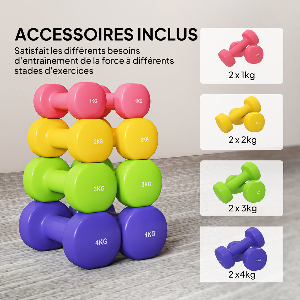 Ensemble d'haltères hexagonaux total 20 kg lot de 8 haltères courts de gym avec revêtement en polyuréthane multicolore-4