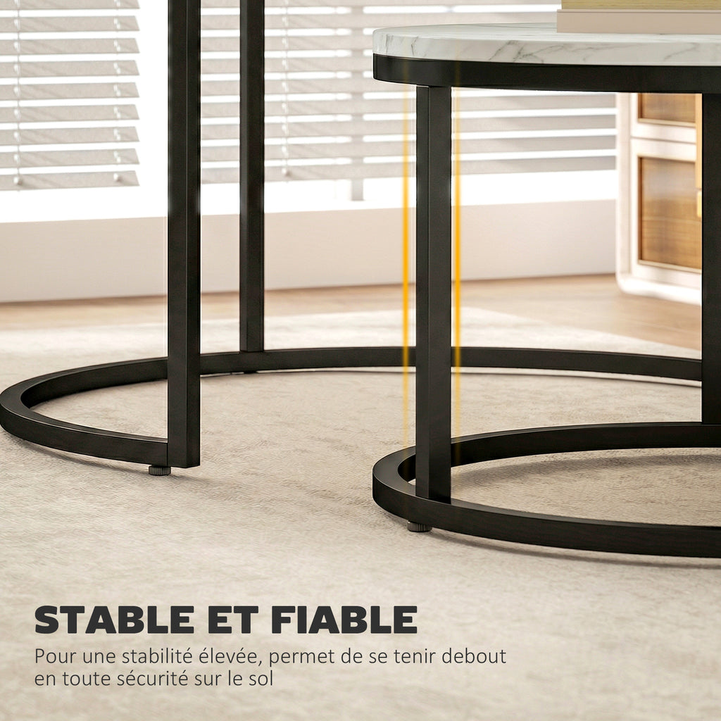 Lot de 2 tables basses gigognes empilable design industriel pieds en métal blanc-5