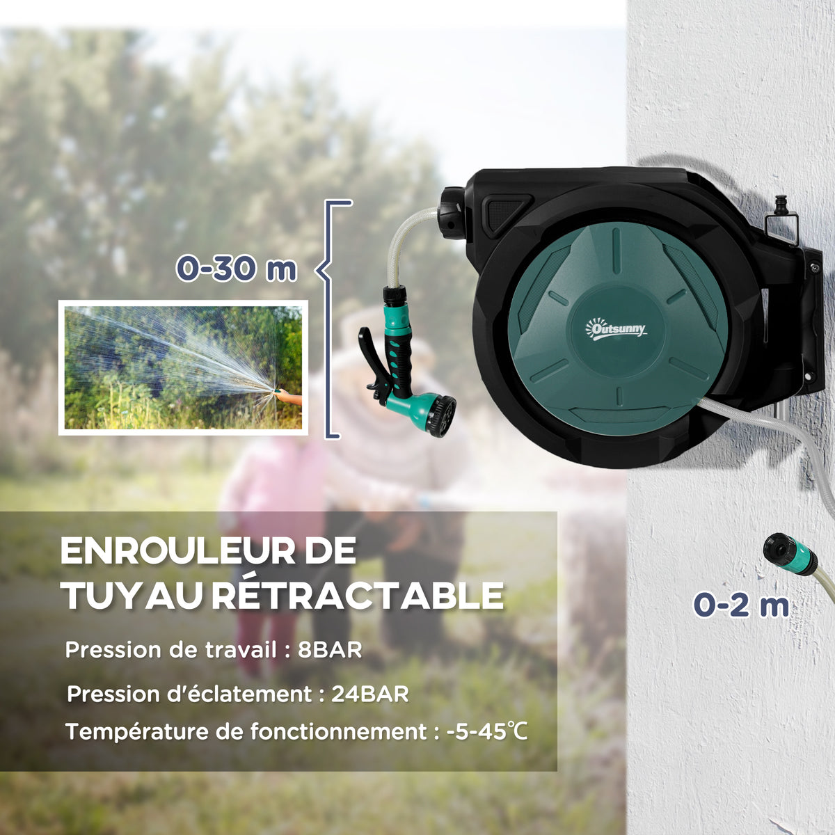 Enrouleur Tuyau Arrosage Mural 30 m x Ø 15 mm Dévidoir Automatique de Tuyaux d'Eau Rétractable Automatique vert-3